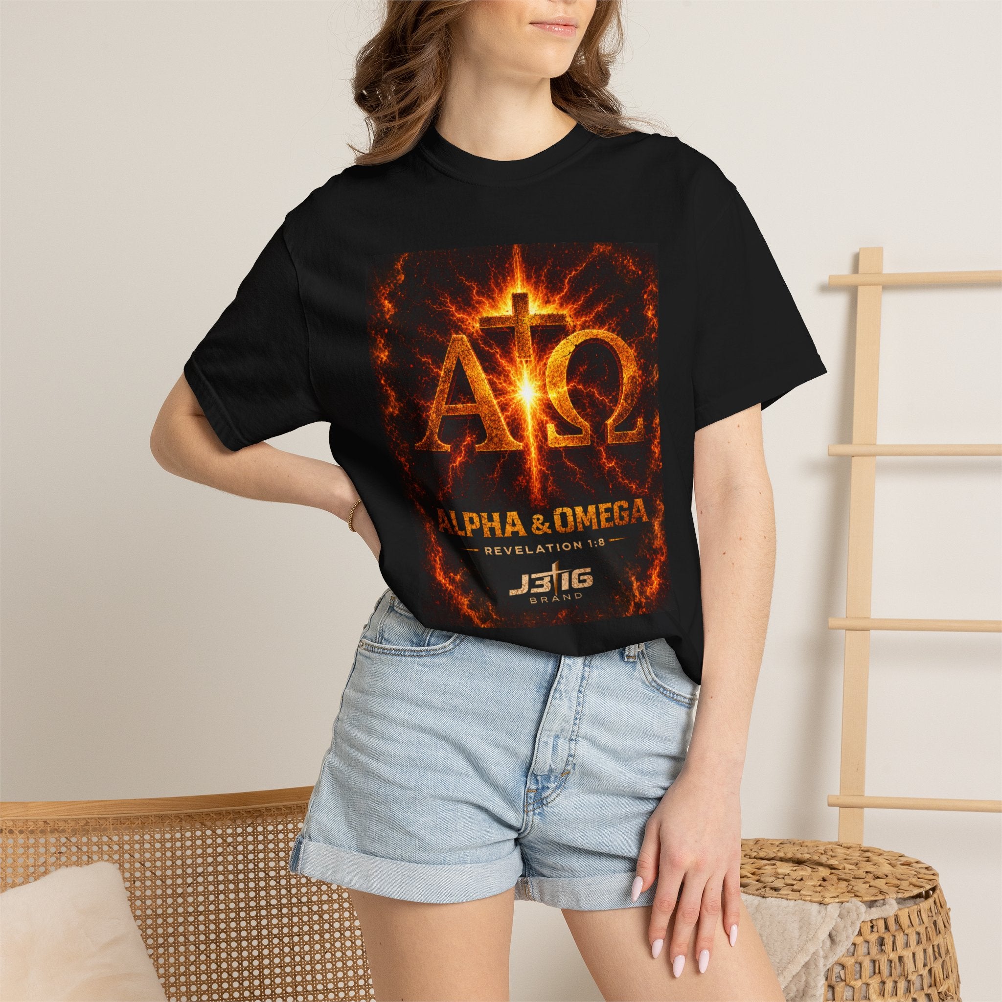 Alpha & Omega T-Shirt — Fiery Christian Cross Revelation 1:8 Tee