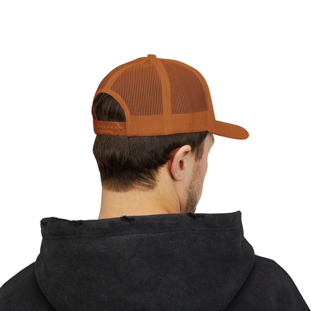 White Trucker Cap with Orange 'Yahhnee!!' Embroidered Patch