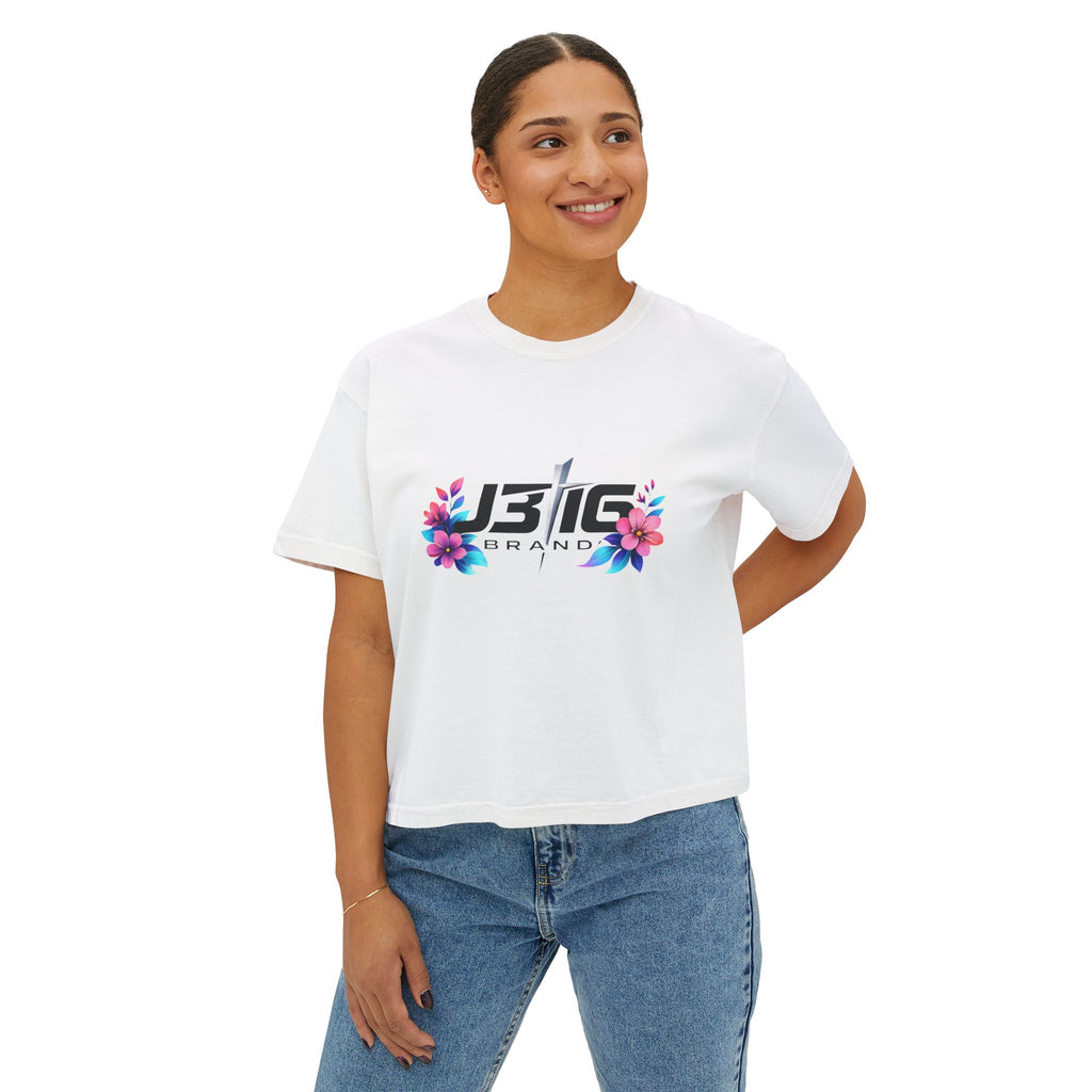Women's Boxy Tee with JB1C Floral Logo — Cropped Casual Graphic Tee