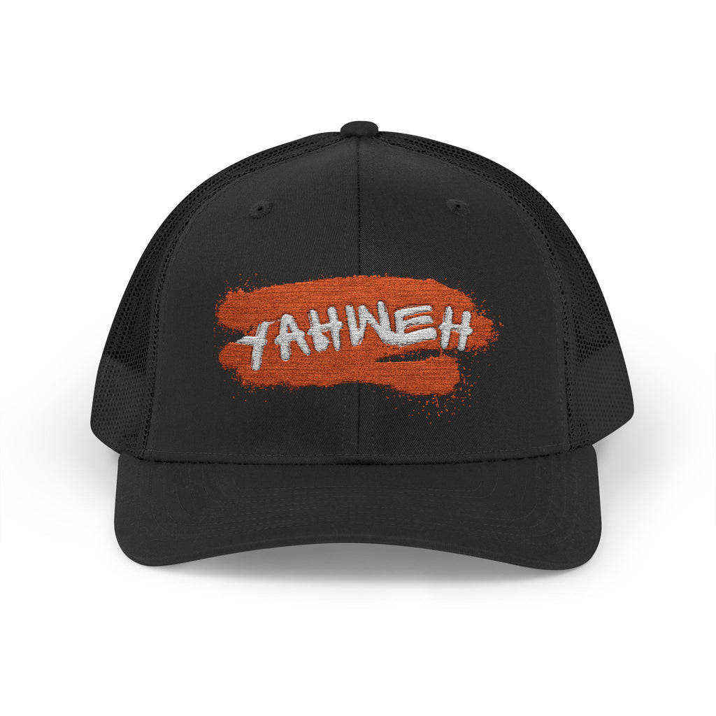 White Trucker Cap with Orange 'Yahhnee!!' Embroidered Patch