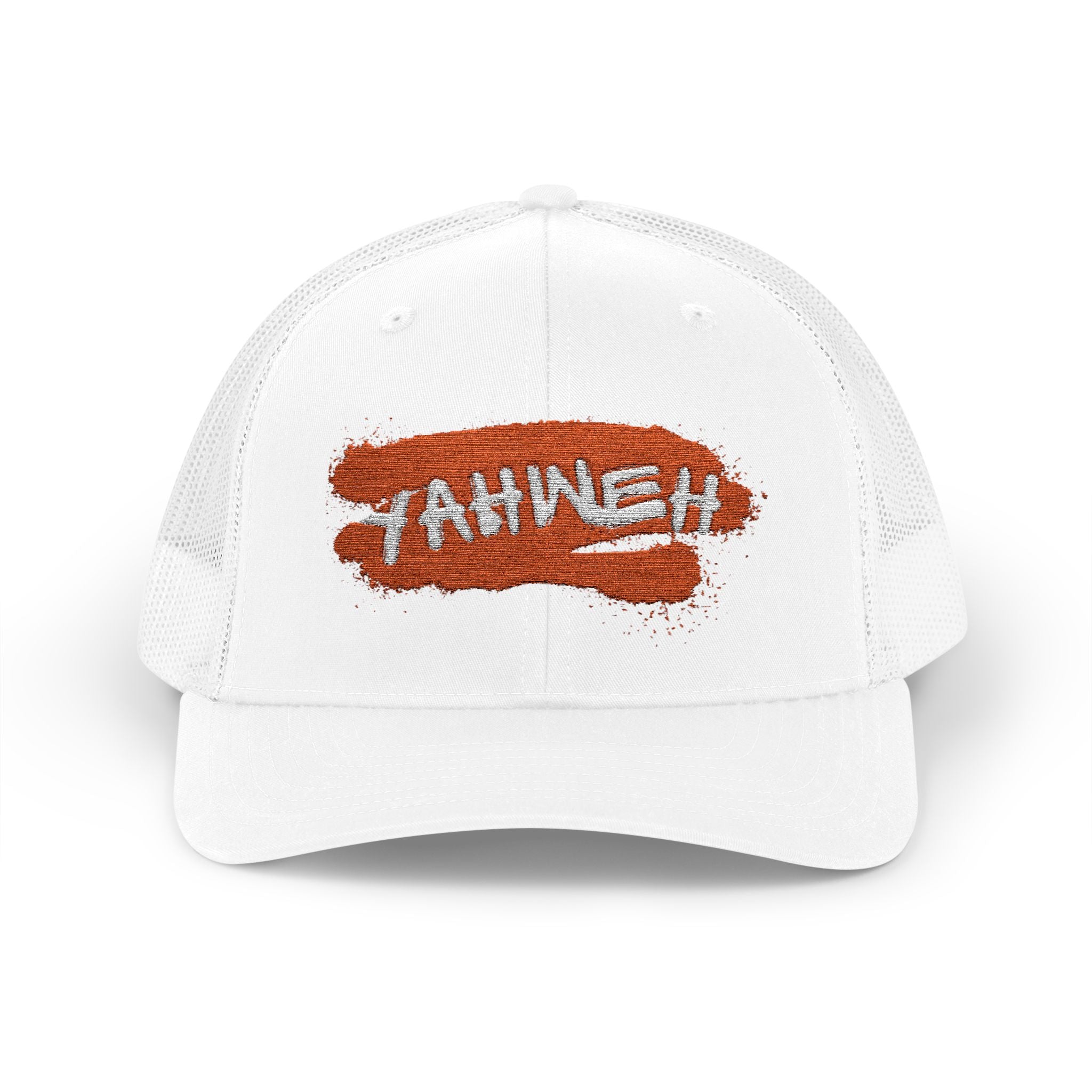 White Trucker Cap with Orange 'Yahhnee!!' Embroidered Patch