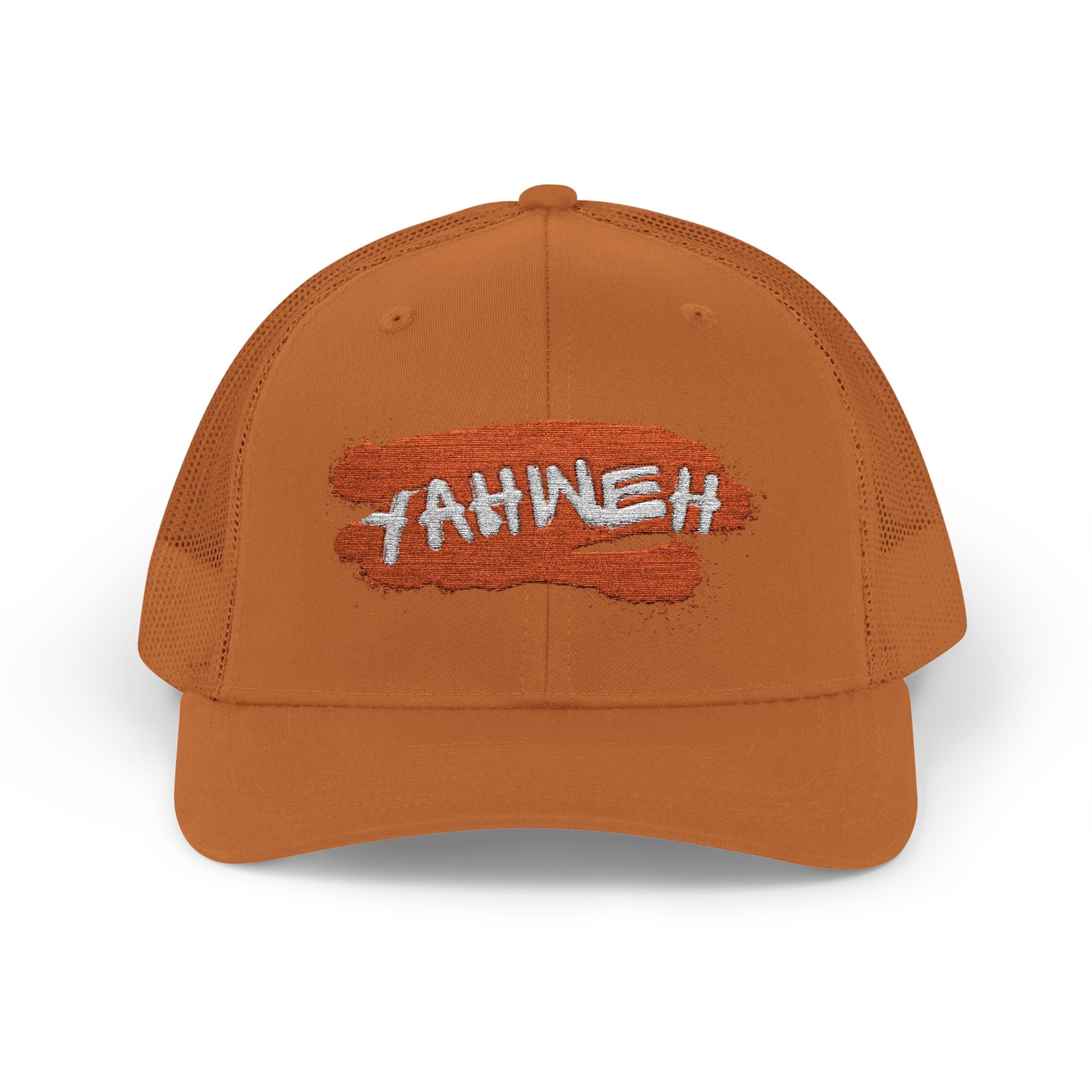 White Trucker Cap with Orange 'Yahhnee!!' Embroidered Patch