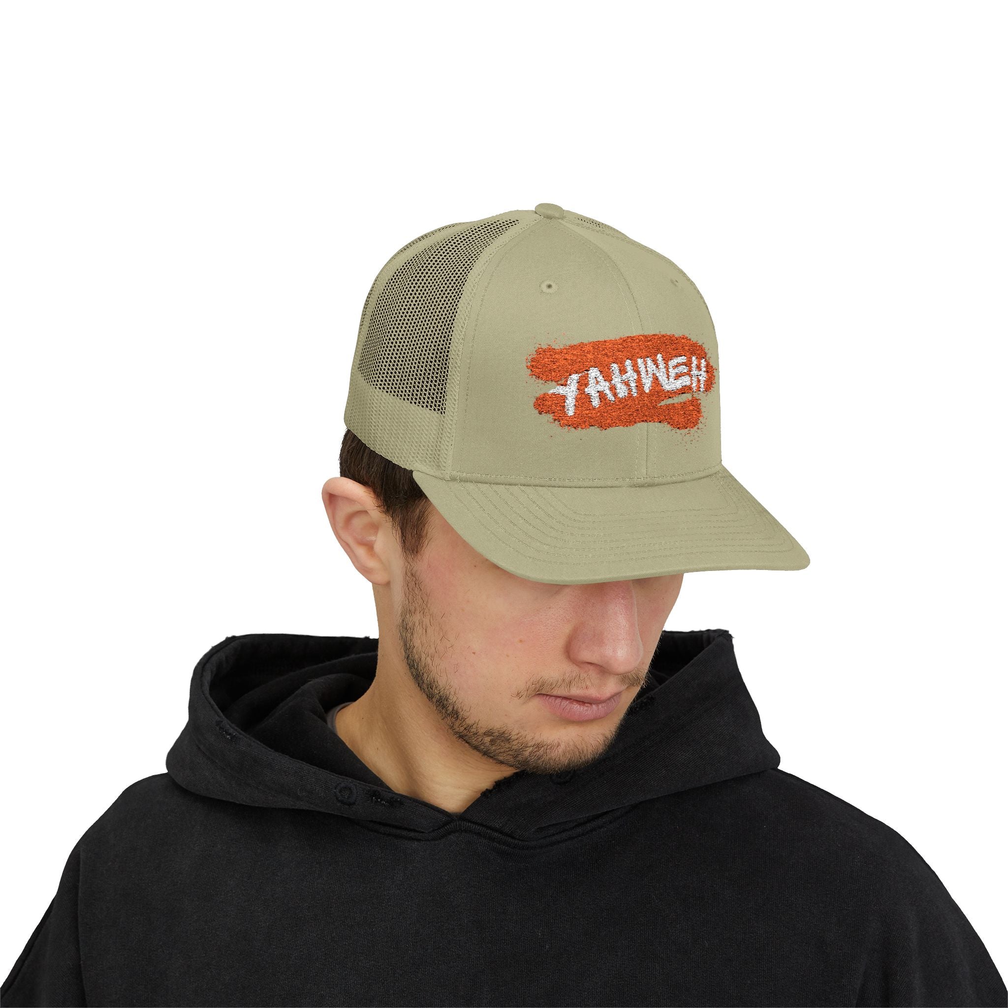 White Trucker Cap with Orange 'Yahhnee!!' Embroidered Patch