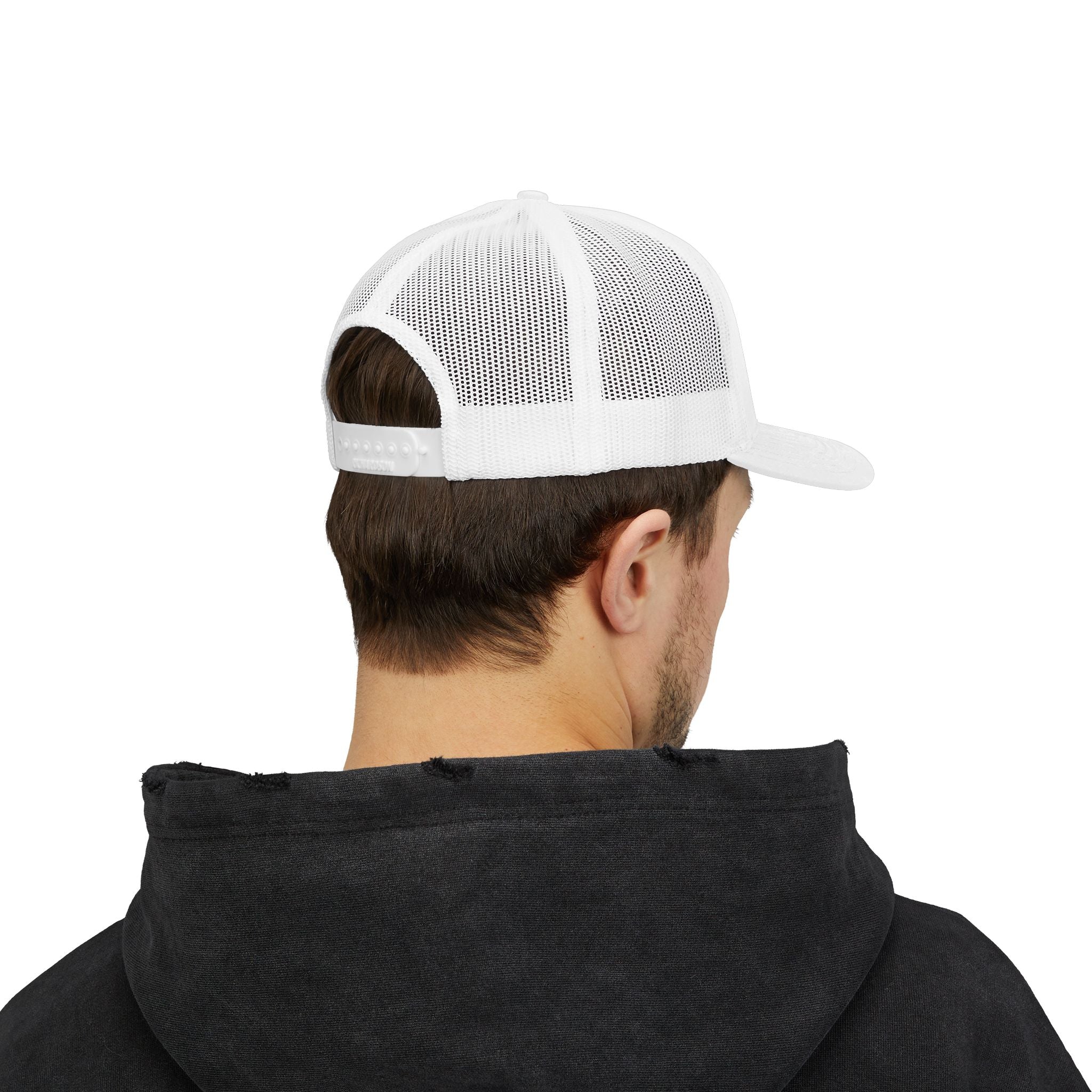 White Trucker Cap with Orange 'Yahhnee!!' Embroidered Patch