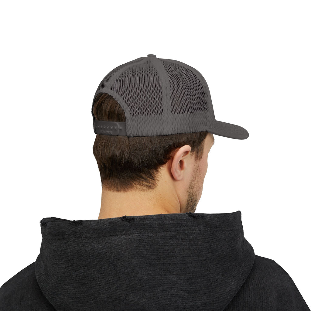 White Trucker Cap with Orange 'Yahhnee!!' Embroidered Patch