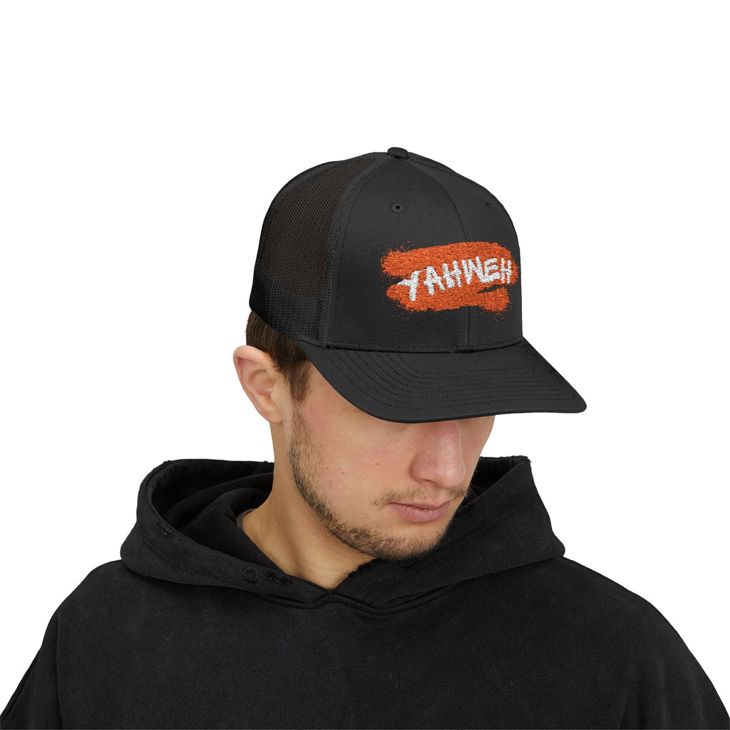 White Trucker Cap with Orange 'Yahhnee!!' Embroidered Patch