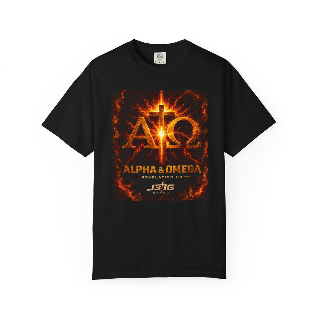 Alpha & Omega T-Shirt — Fiery Christian Cross Revelation 1:8 Tee