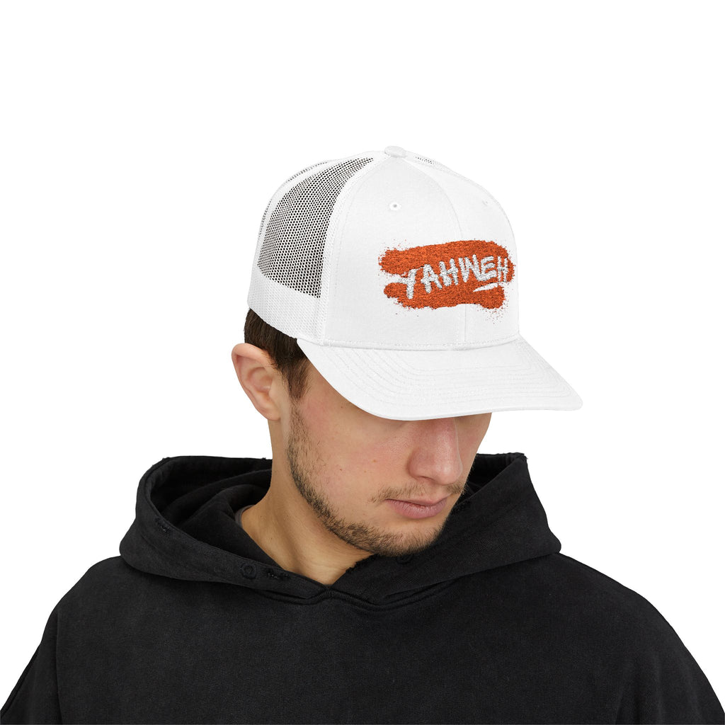 White Trucker Cap with Orange 'Yahhnee!!' Embroidered Patch