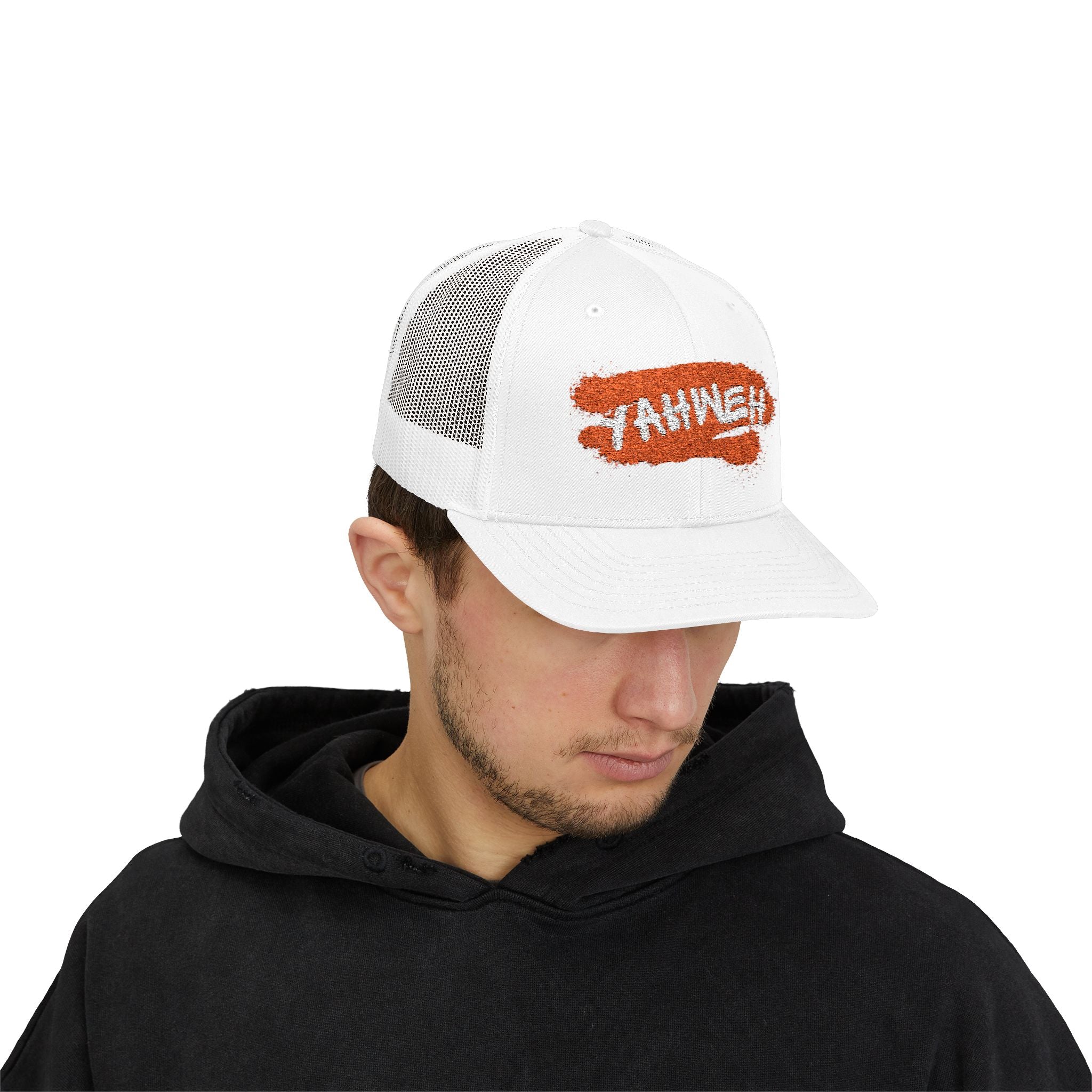 White Trucker Cap with Orange 'Yahhnee!!' Embroidered Patch