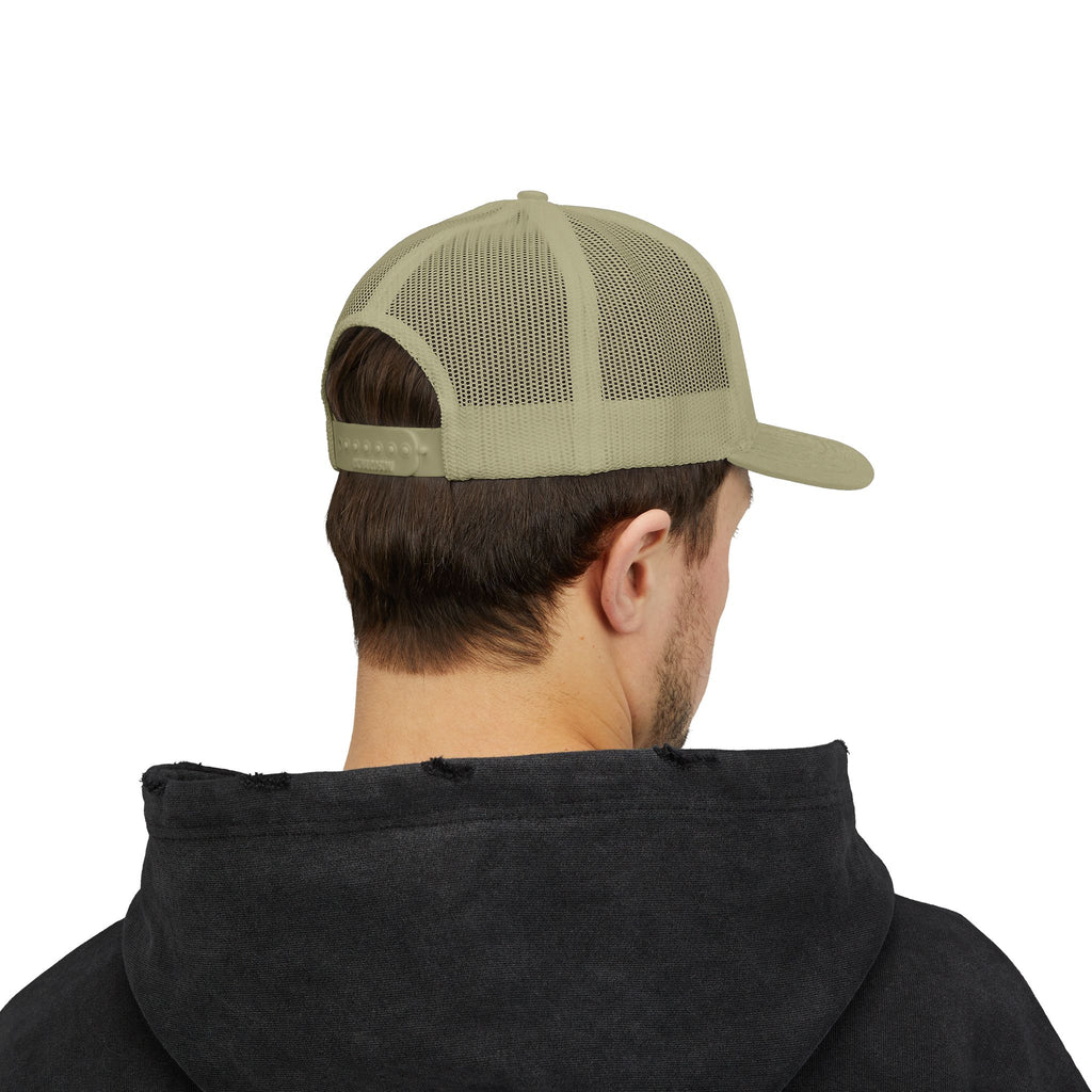 White Trucker Cap with Orange 'Yahhnee!!' Embroidered Patch