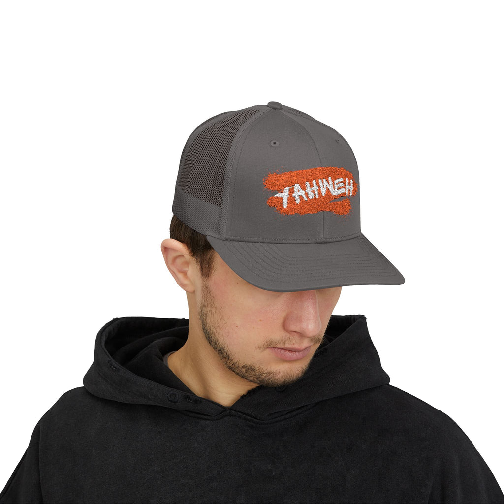 White Trucker Cap with Orange 'Yahhnee!!' Embroidered Patch