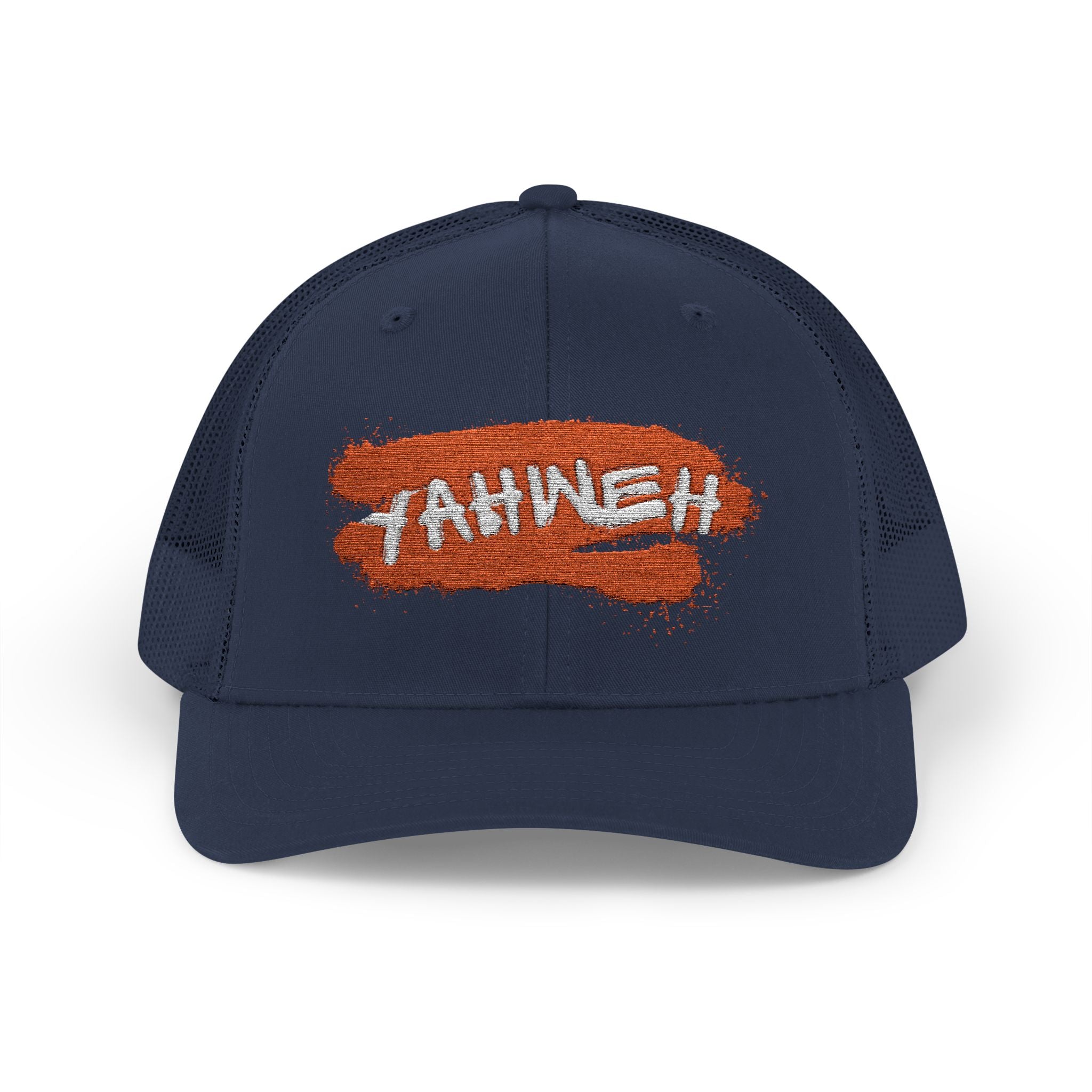 White Trucker Cap with Orange 'Yahhnee!!' Embroidered Patch