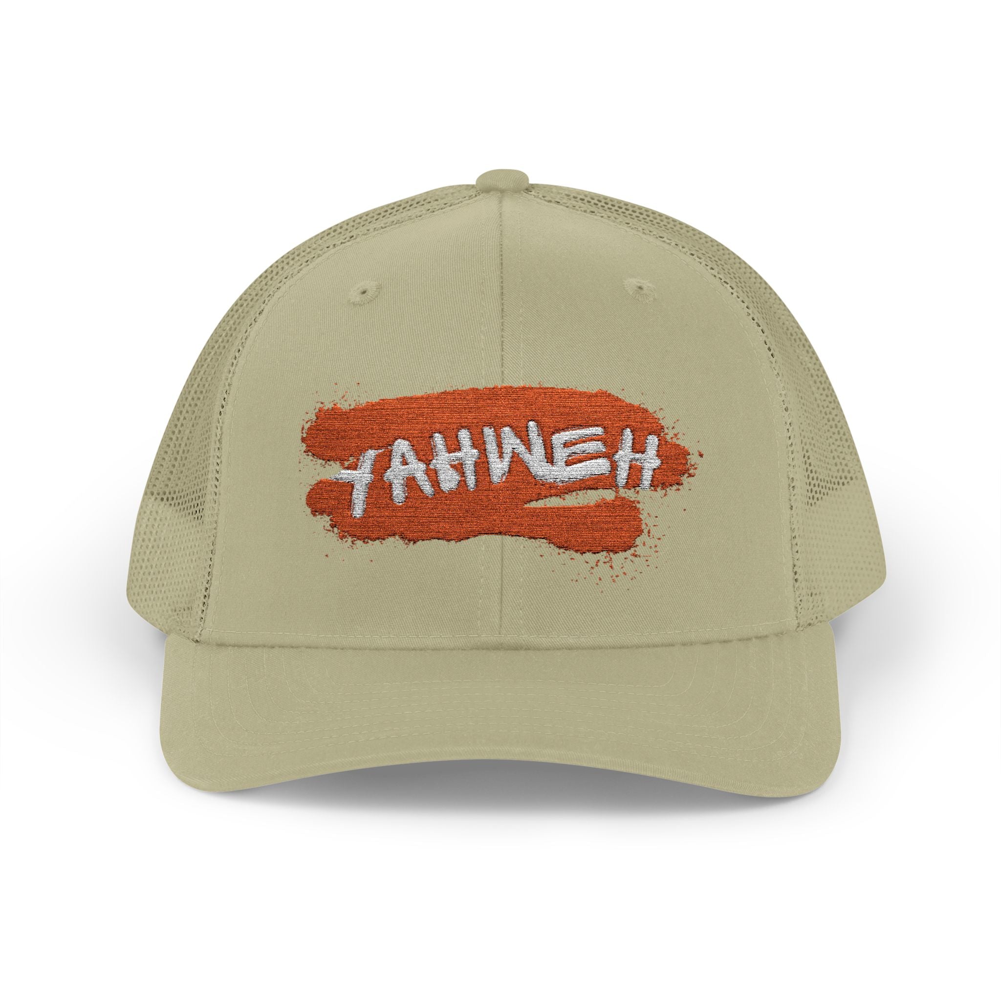 White Trucker Cap with Orange 'Yahhnee!!' Embroidered Patch