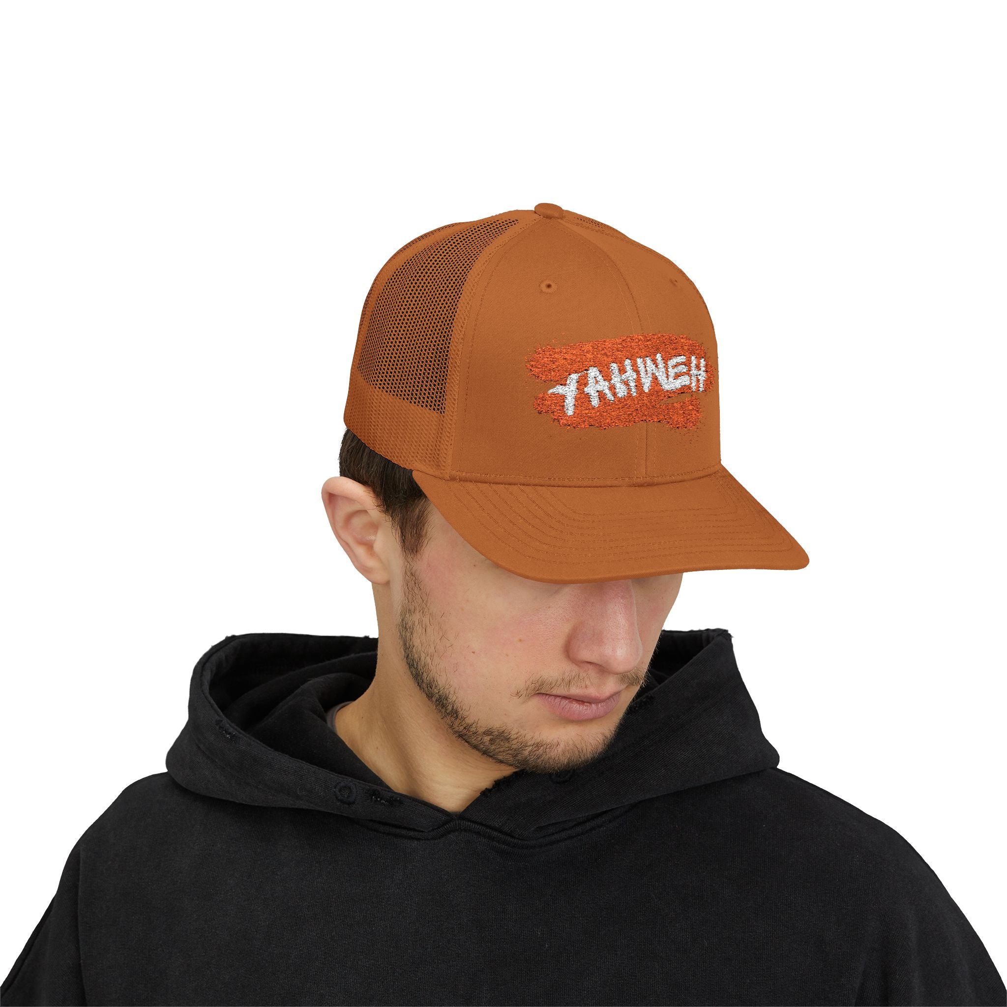 White Trucker Cap with Orange 'Yahhnee!!' Embroidered Patch