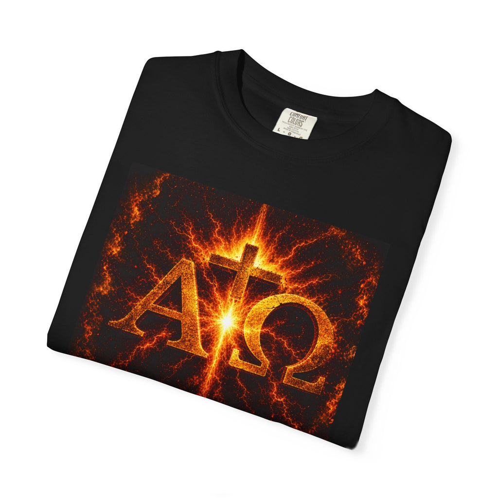 Alpha & Omega T-Shirt — Fiery Christian Cross Revelation 1:8 Tee