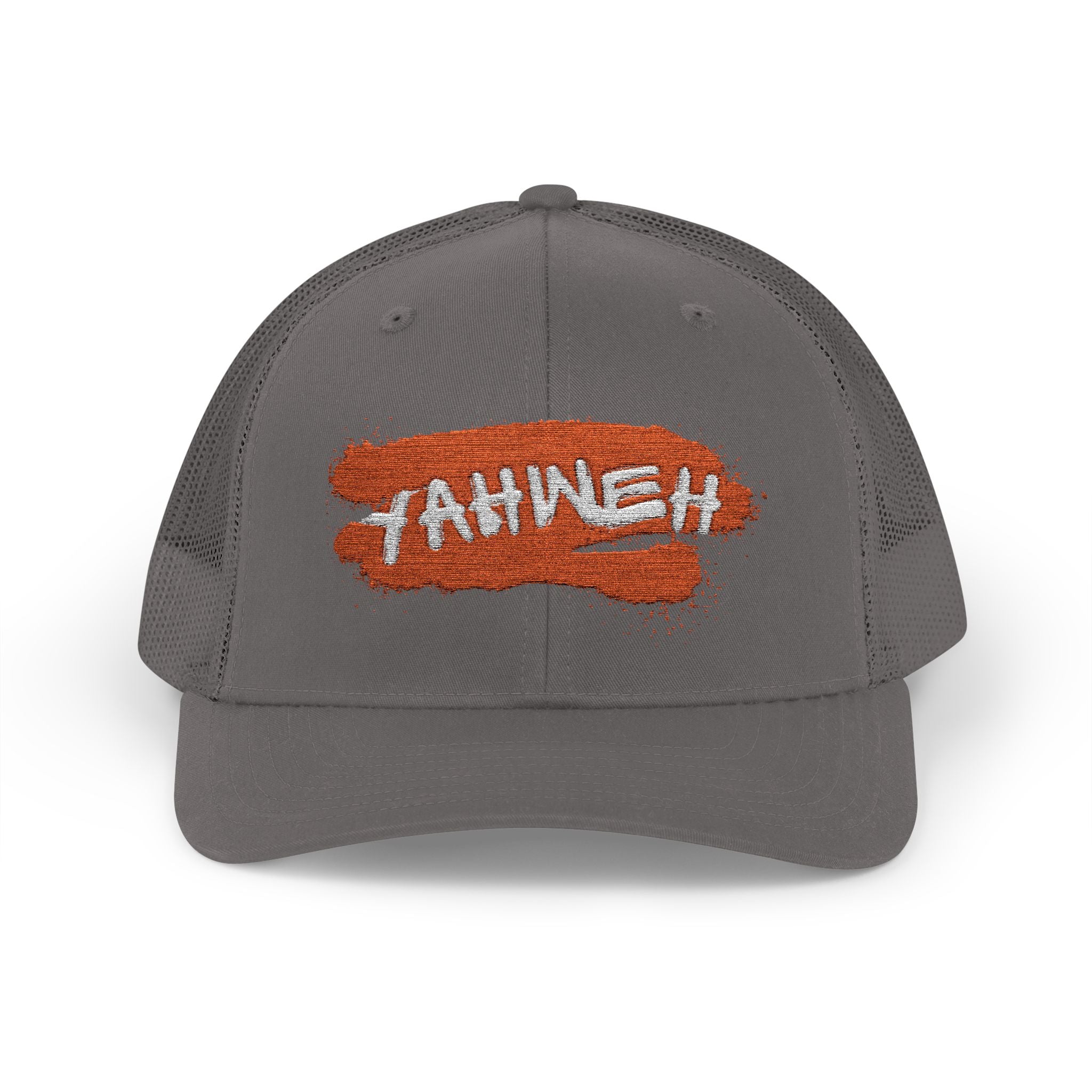 White Trucker Cap with Orange 'Yahhnee!!' Embroidered Patch