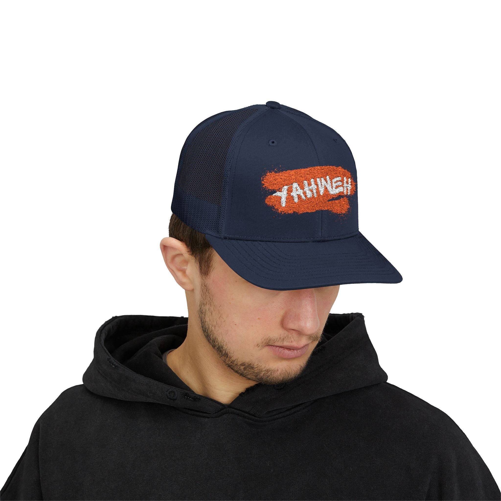 White Trucker Cap with Orange 'Yahhnee!!' Embroidered Patch